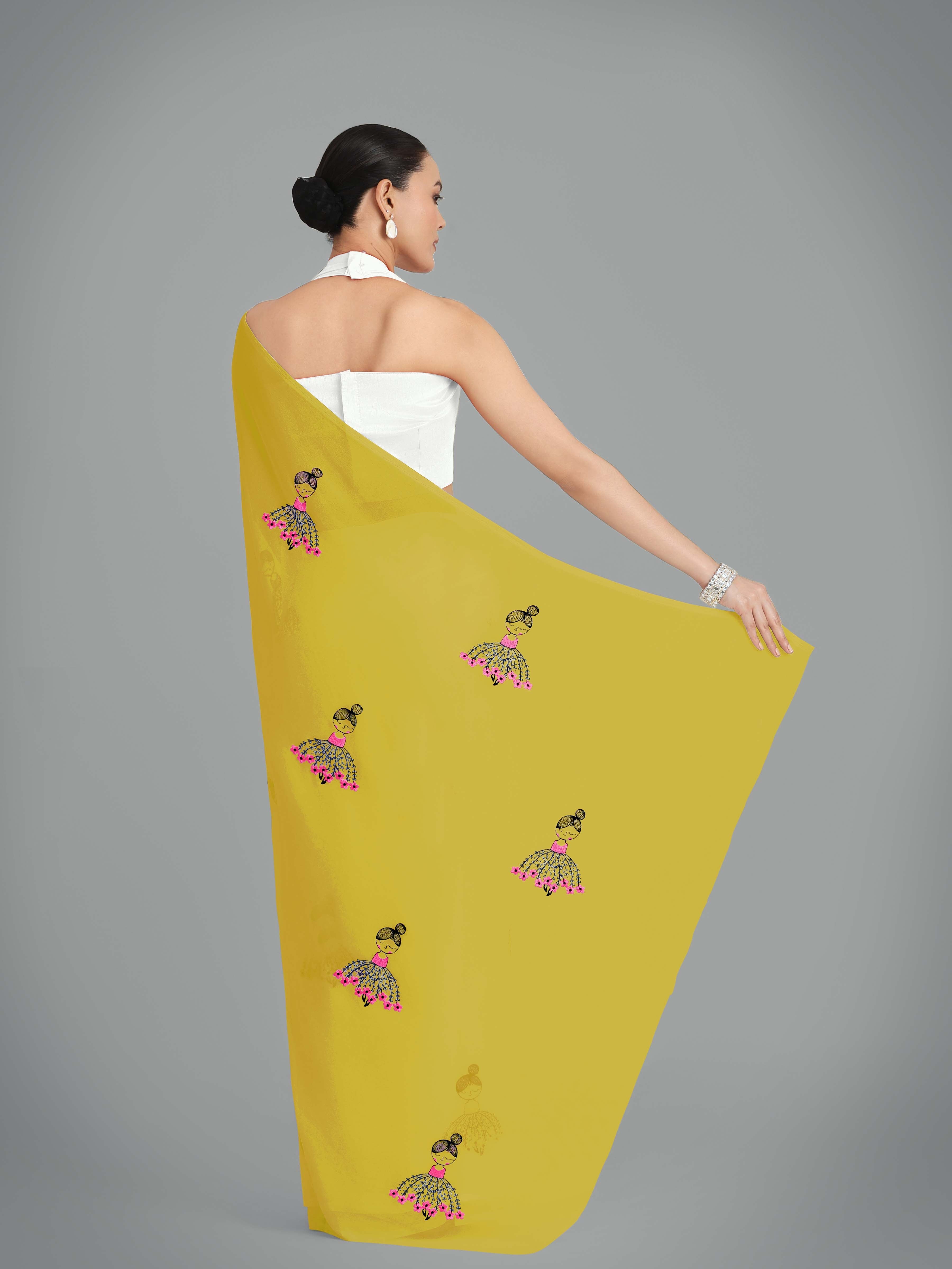 Olive Green Georgette Embroidered Work Party Wear Saree