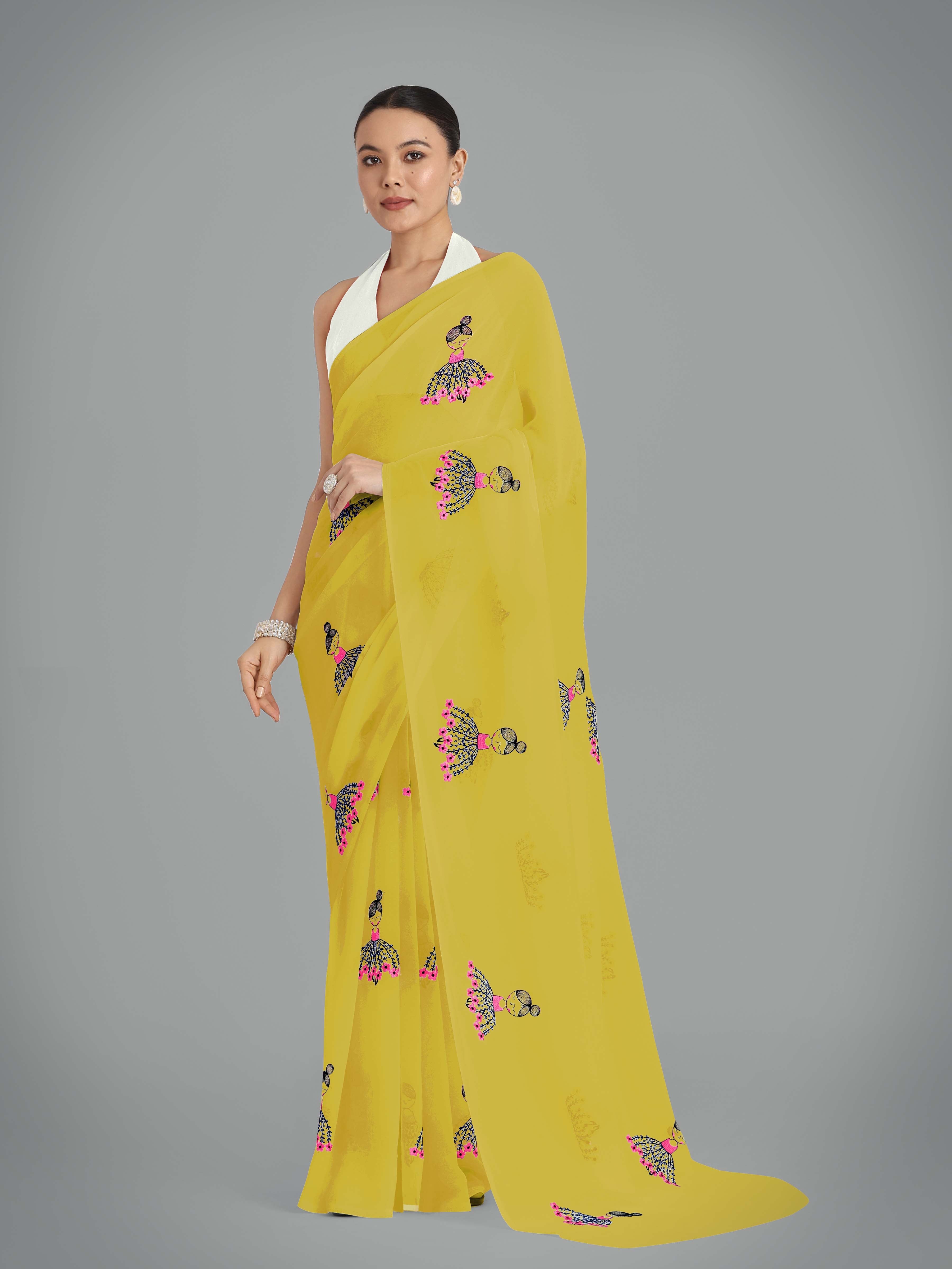 Olive Green Georgette Embroidered Work Party Wear Saree