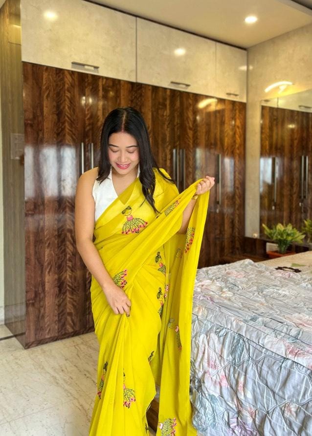 Olive Green Georgette Embroidered Work Party Wear Saree