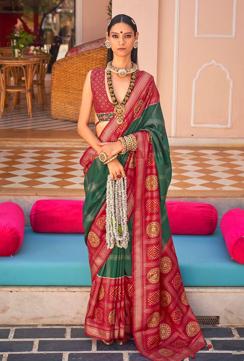 Dark Green & Maroon Silk Foil Print Patola Saree