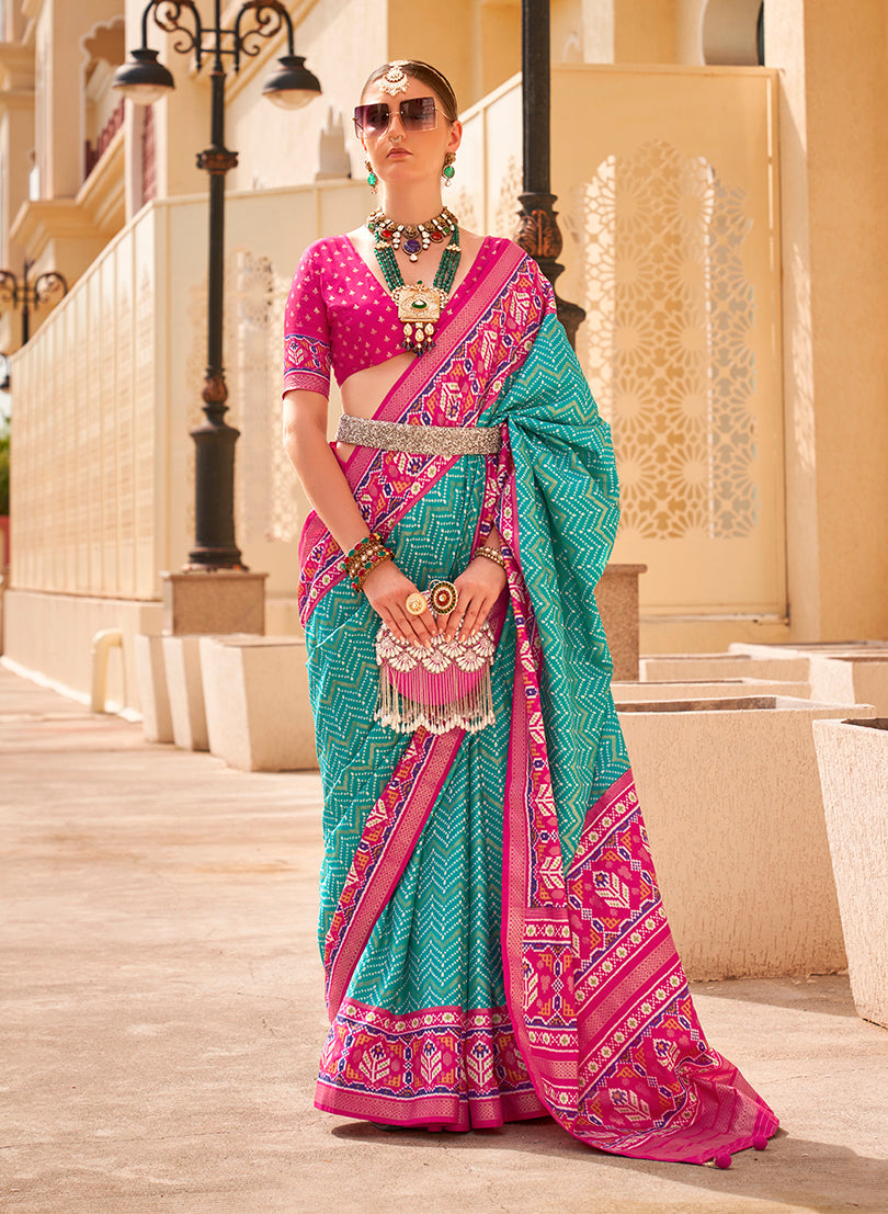 Turqiose Patola Print Zari Weaving Silk Saree