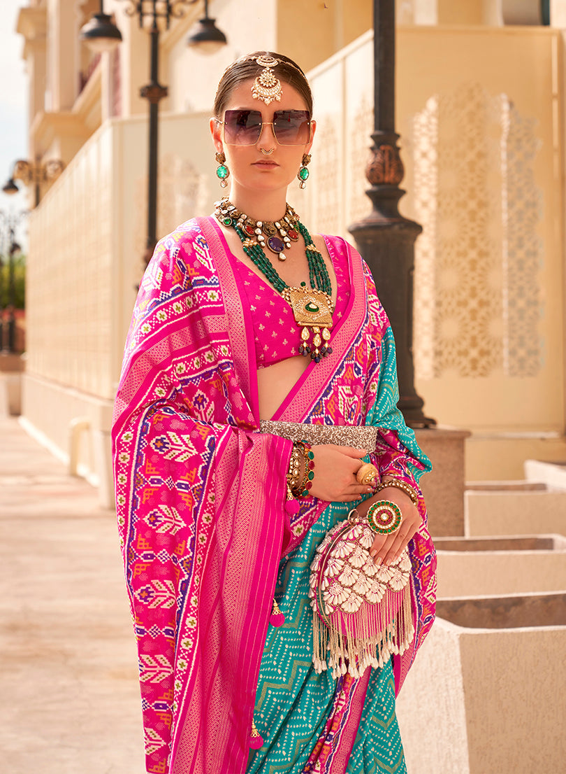 Turqiose Patola Print Zari Weaving Silk Saree