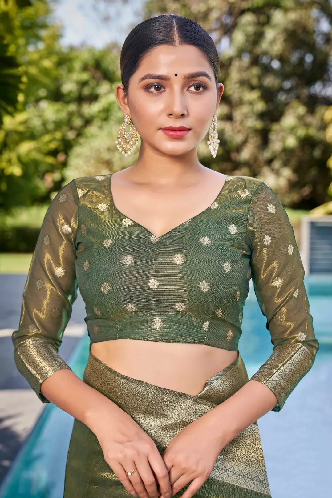 Olive Green Shimmer Silk Woven Contemporary Wear Saree - Monjolika Fashion