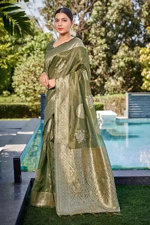 Olive Green Shimmer Silk Woven Contemporary Wear Saree - Monjolika Fashion