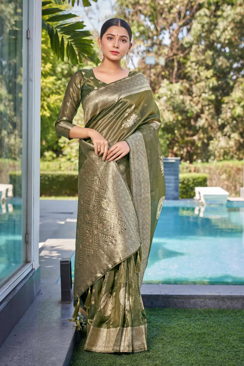 Olive Green Shimmer Silk Woven Contemporary Wear Saree - Monjolika Fashion