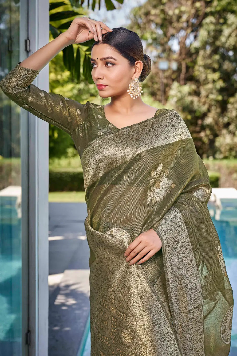 Olive Green Shimmer Silk Woven Contemporary Wear Saree - Monjolika Fashion