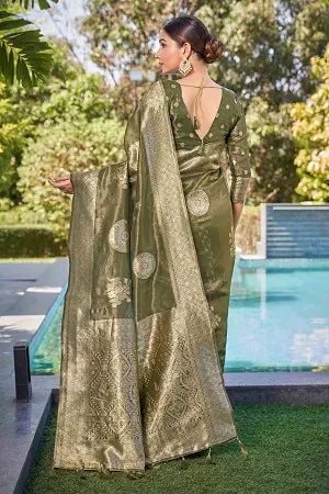 Olive Green Shimmer Silk Woven Contemporary Wear Saree - Monjolika Fashion