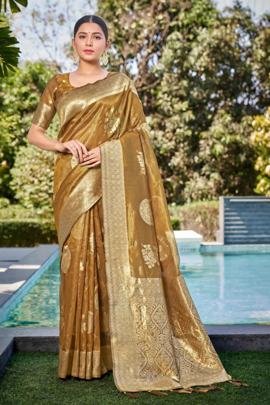 Mustard Shimmer Silk Woven Contemporary Wear Saree - Monjolika Fashion