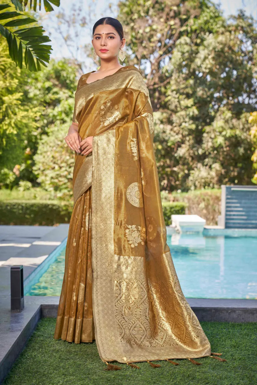 Mustard Shimmer Silk Woven Contemporary Wear Saree - Monjolika Fashion