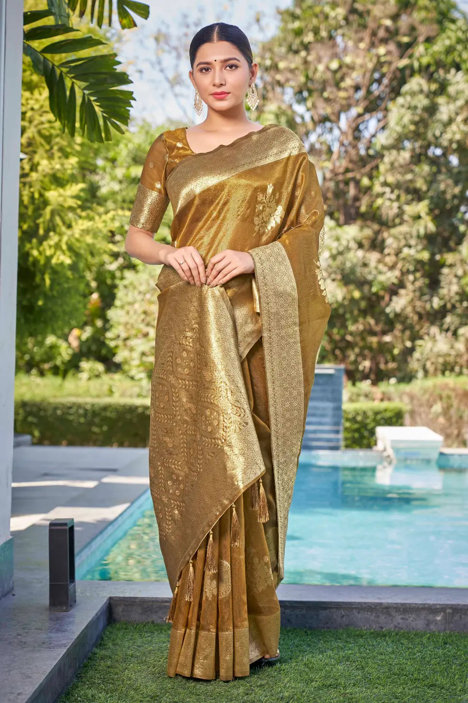 Mustard Shimmer Silk Woven Contemporary Wear Saree - Monjolika Fashion