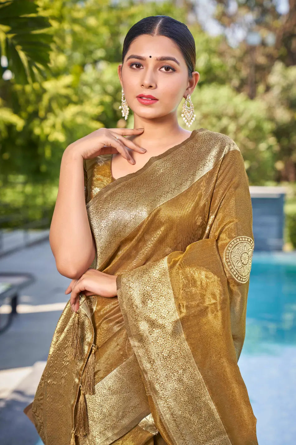Mustard Shimmer Silk Woven Contemporary Wear Saree - Monjolika Fashion