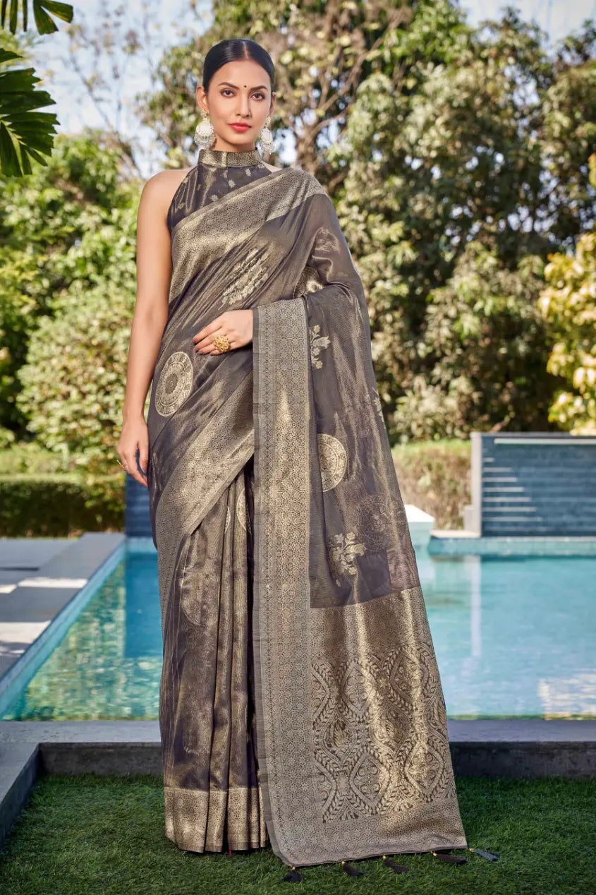 Grey Shimmer Silk Woven Contemporary Wear Saree - Monjolika Fashion