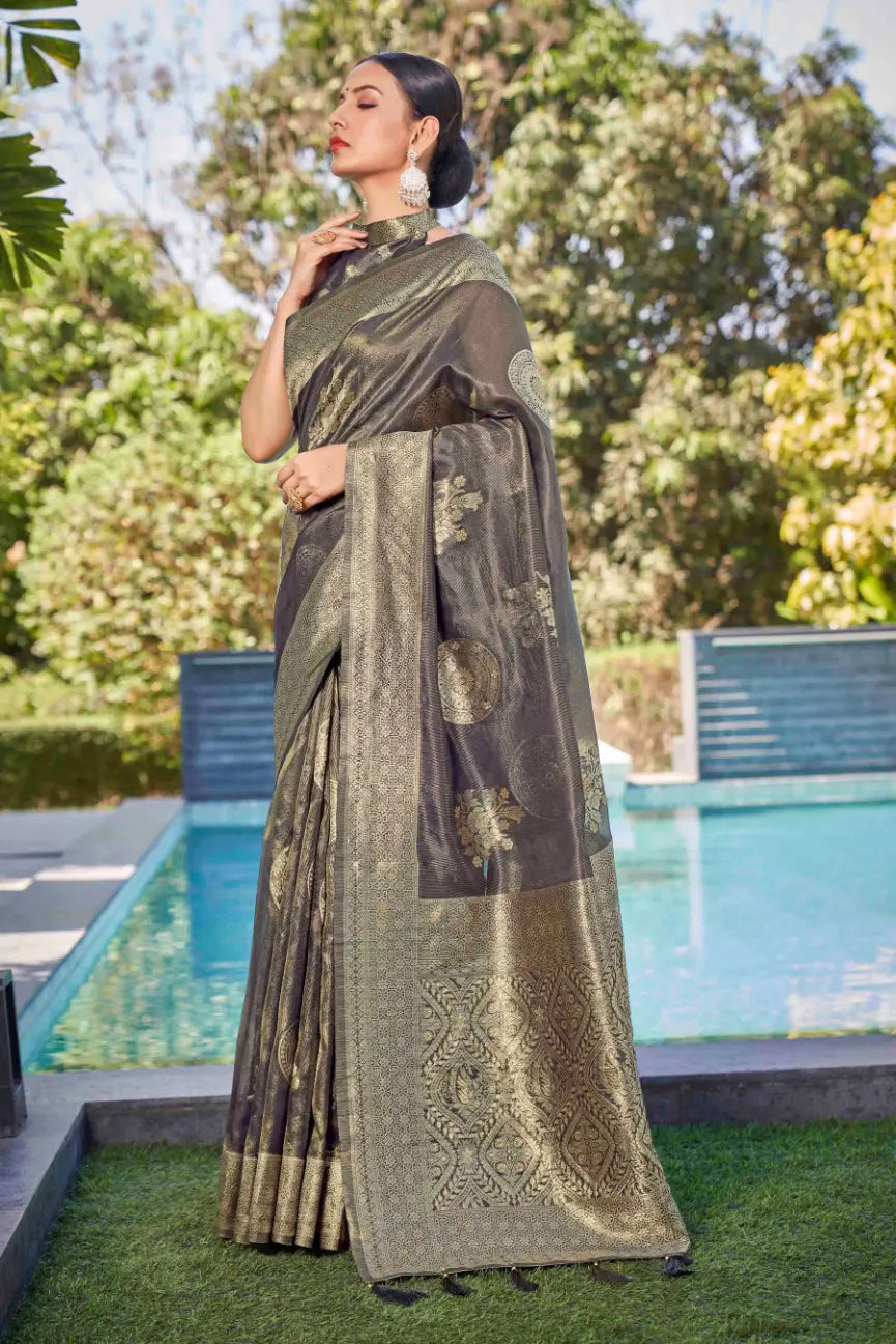 Grey Shimmer Silk Woven Contemporary Wear Saree - Monjolika Fashion