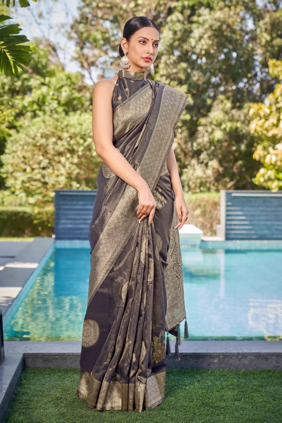 Grey Shimmer Silk Woven Contemporary Wear Saree - Monjolika Fashion
