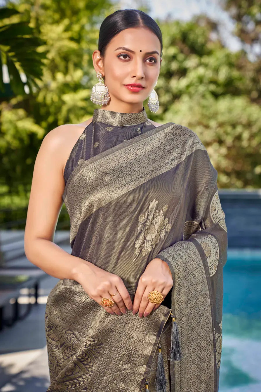 Grey Shimmer Silk Woven Contemporary Wear Saree - Monjolika Fashion