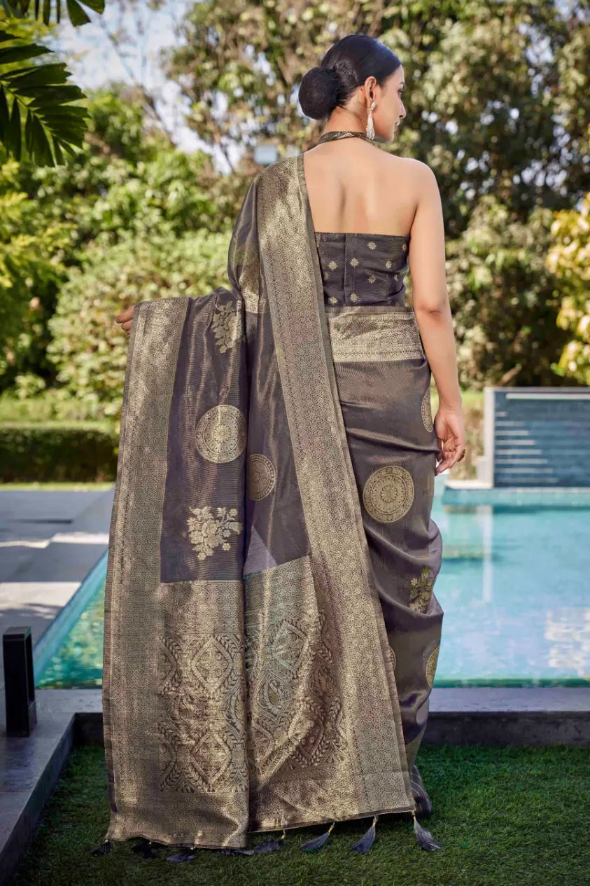 Grey Shimmer Silk Woven Contemporary Wear Saree - Monjolika Fashion