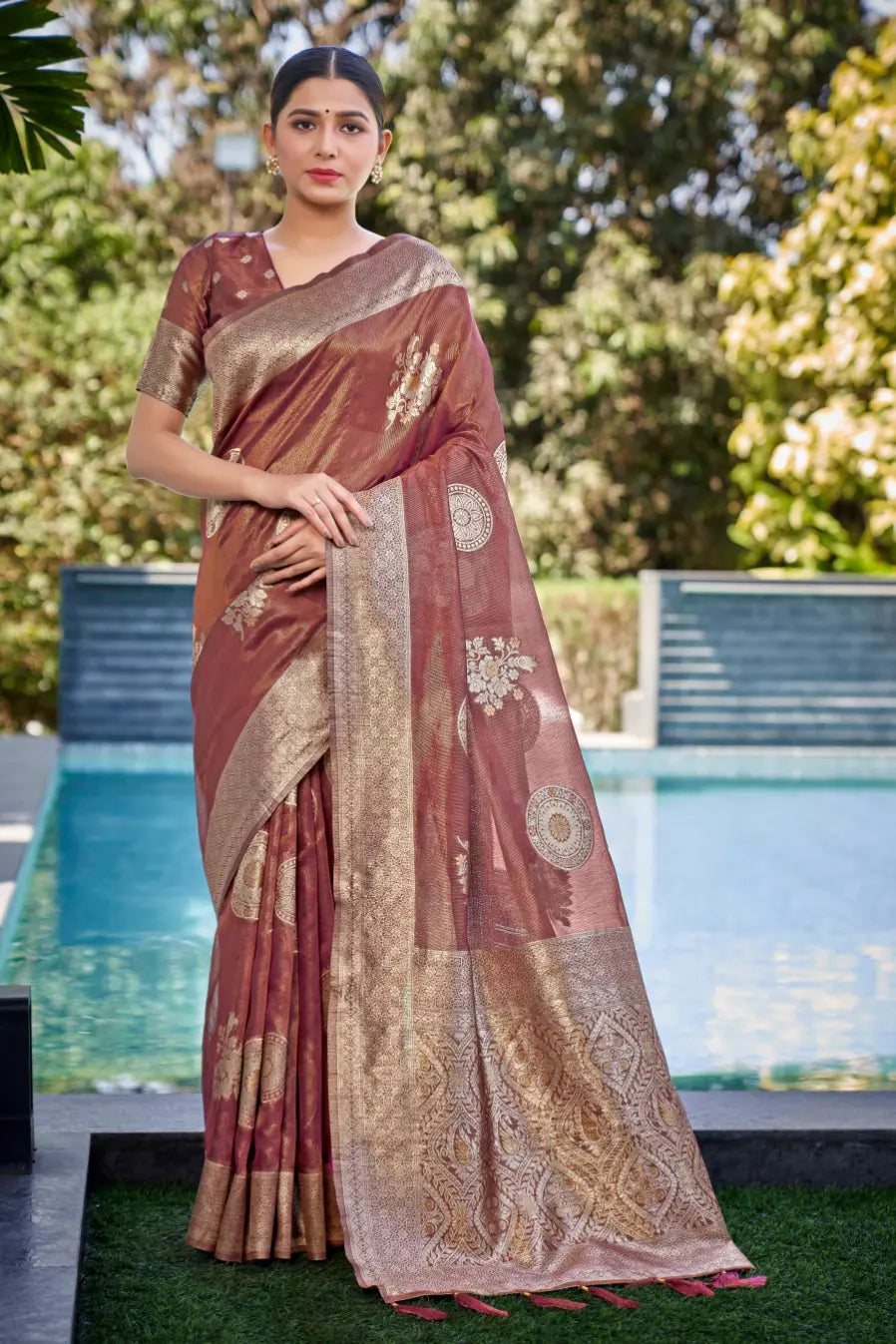 Rust Shimmer Silk Woven Contemporary Wear Saree - Monjolika Fashion