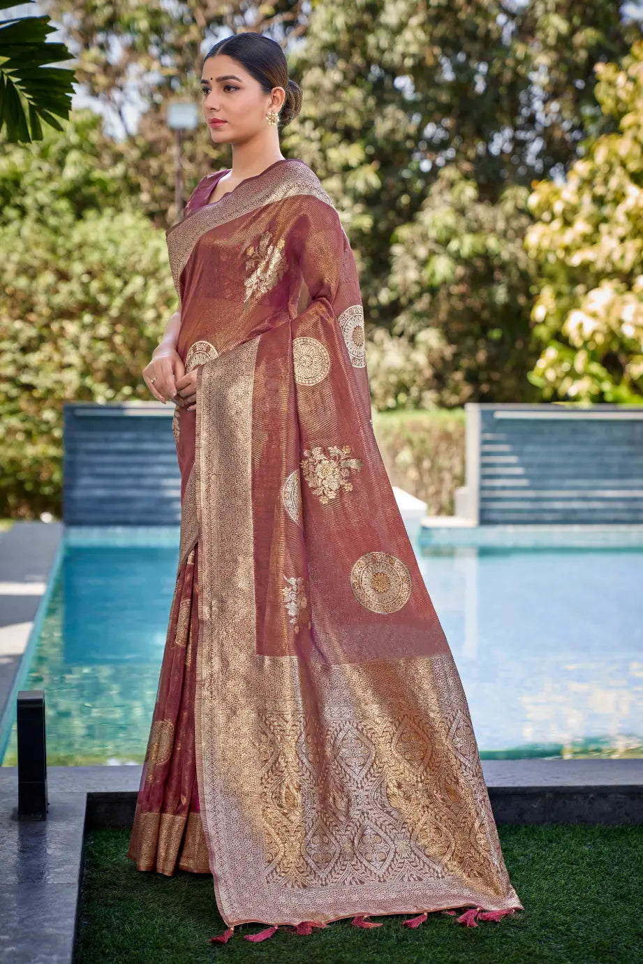 Rust Shimmer Silk Woven Contemporary Wear Saree - Monjolika Fashion