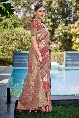 Rust Shimmer Silk Woven Contemporary Wear Saree - Monjolika Fashion
