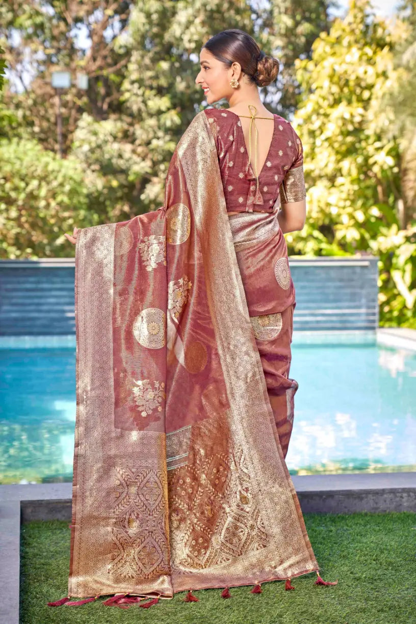 Rust Shimmer Silk Woven Contemporary Wear Saree - Monjolika Fashion