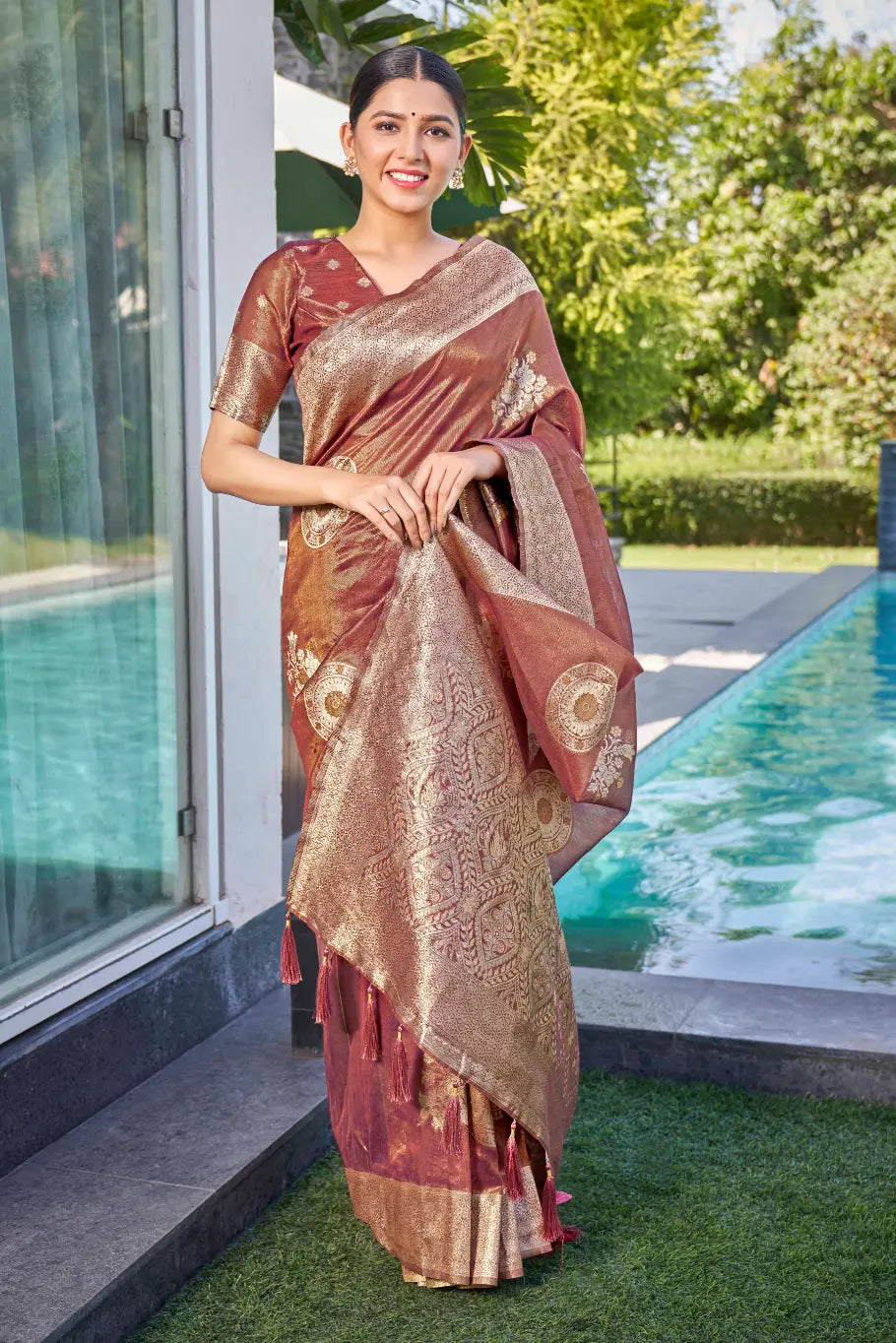 Rust Shimmer Silk Woven Contemporary Wear Saree - Monjolika Fashion