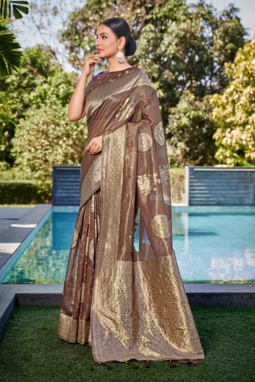 Coffee Shimmer Silk Woven Contemporary Wear Saree - Monjolika Fashion