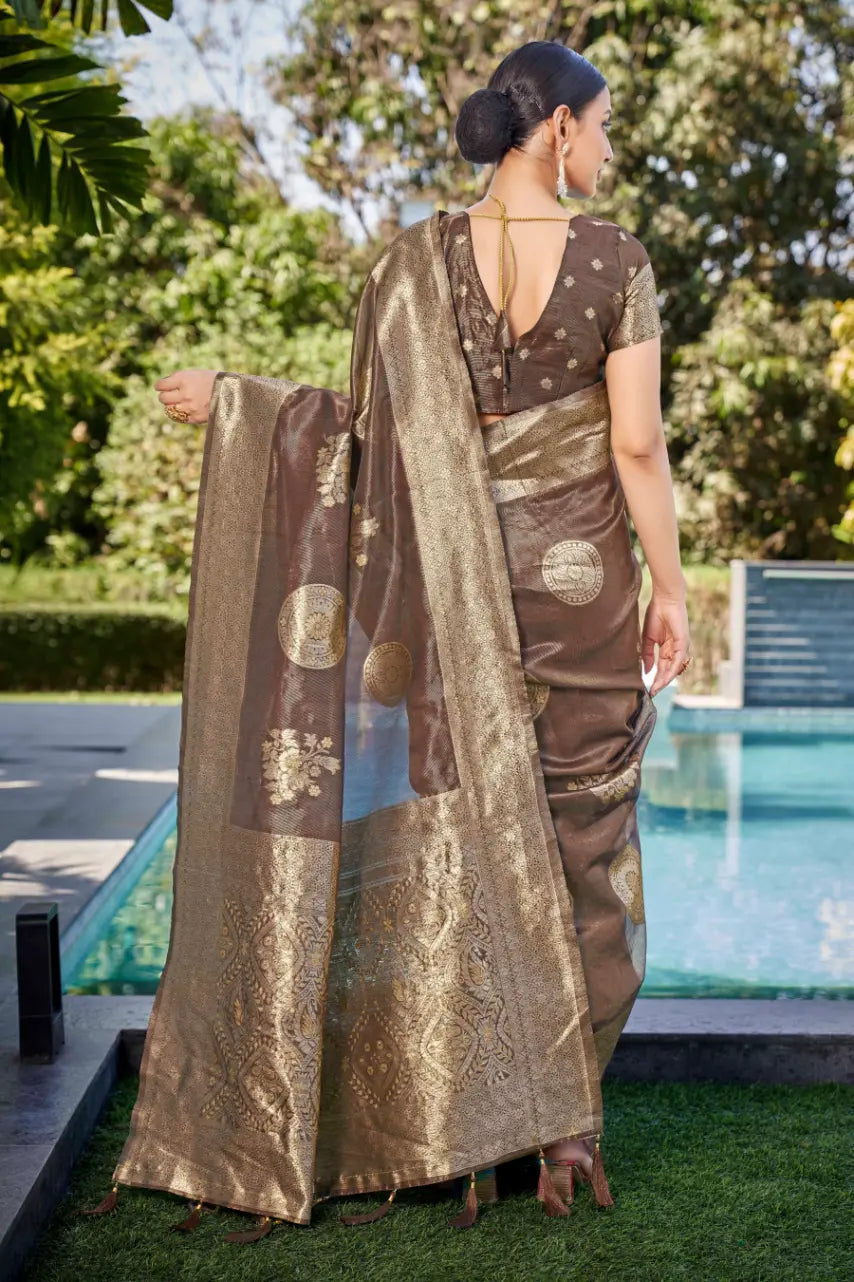 Coffee Shimmer Silk Woven Contemporary Wear Saree - Monjolika Fashion