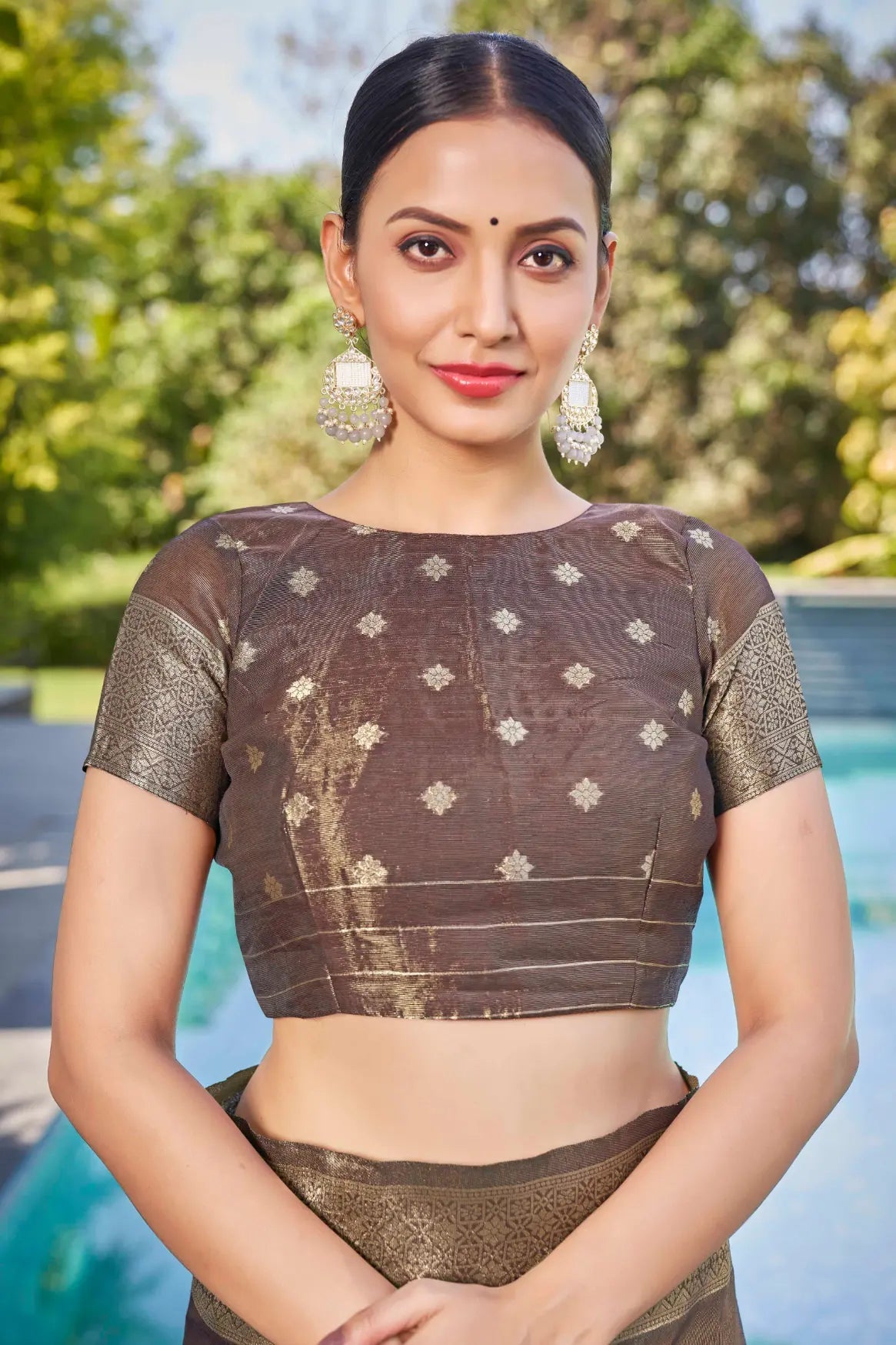 Coffee Shimmer Silk Woven Contemporary Wear Saree - Monjolika Fashion