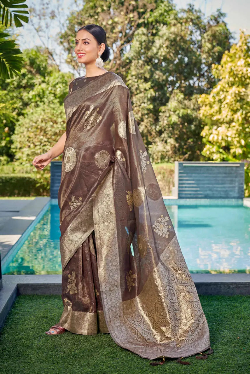 Coffee Shimmer Silk Woven Contemporary Wear Saree - Monjolika Fashion