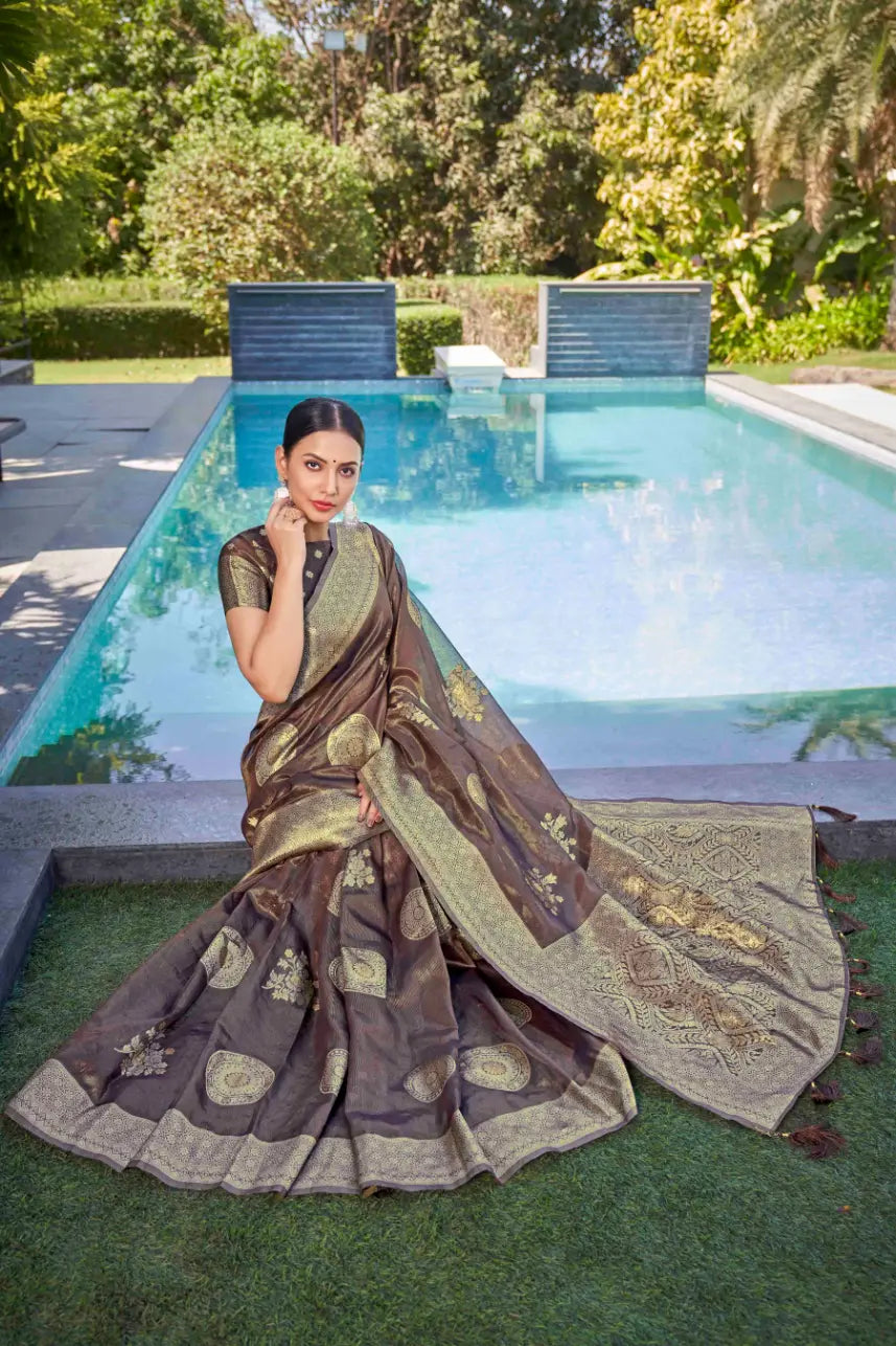 Coffee Shimmer Silk Woven Contemporary Wear Saree - Monjolika Fashion