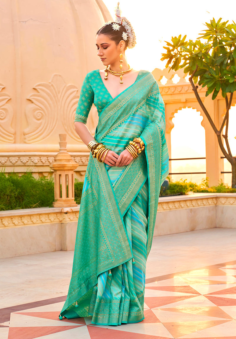 Turquoise Silk Foil Print Saree