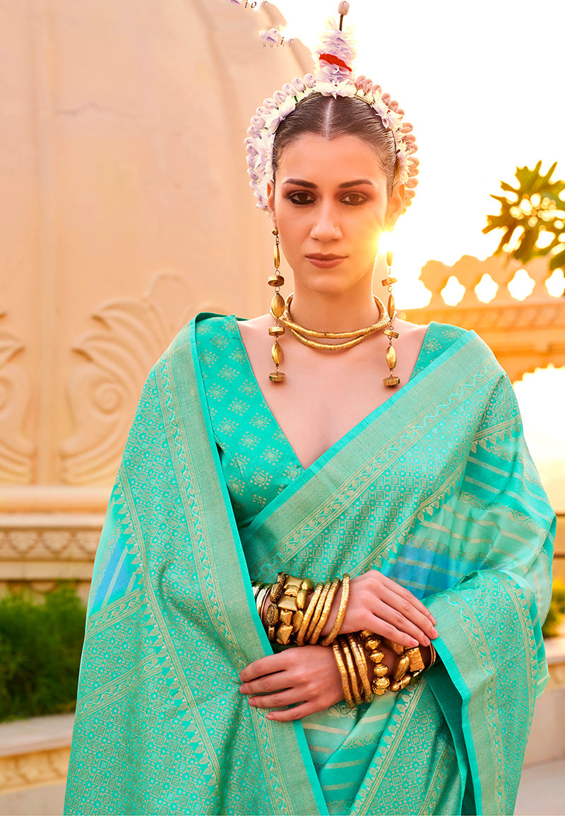 Turquoise Silk Foil Print Saree