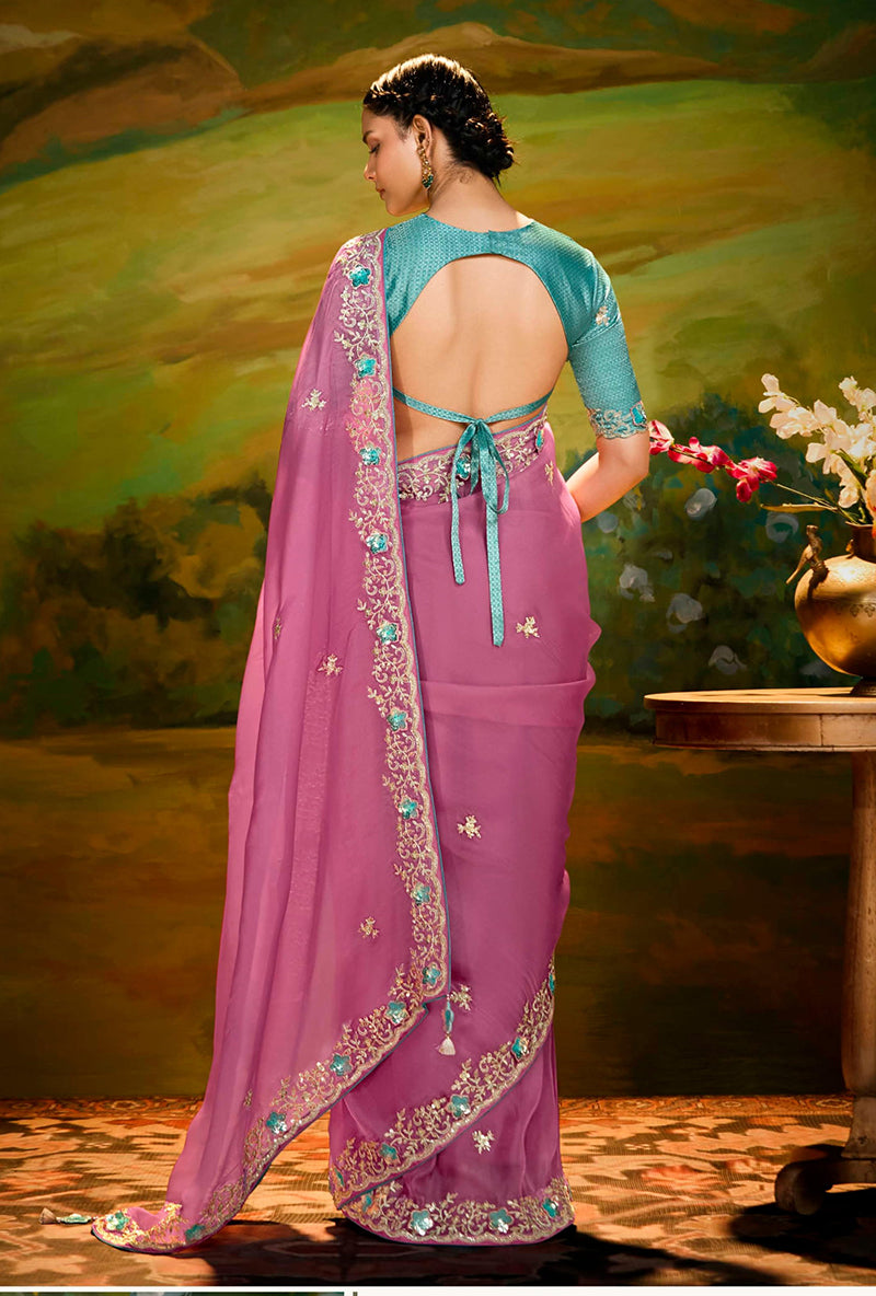 Onion Pink Tissue Silk Designer Sequins Work Party Wear Saree