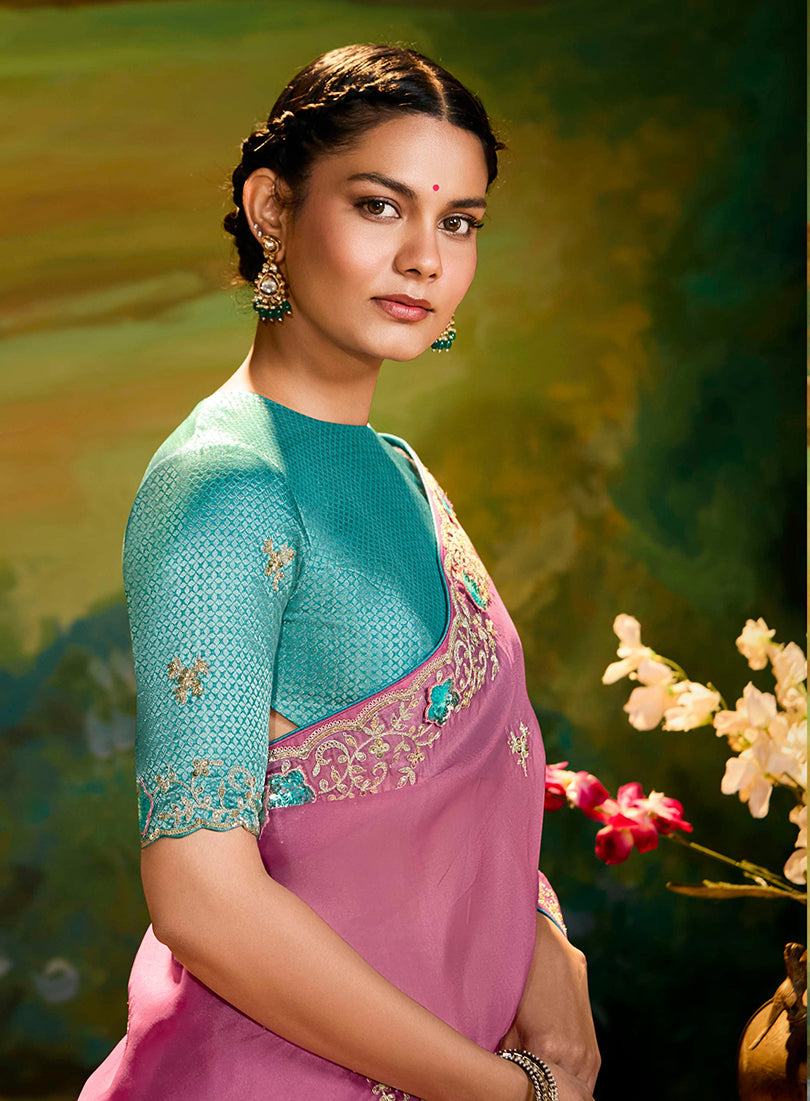 Onion Pink Tissue Silk Designer Sequins Work Party Wear Saree