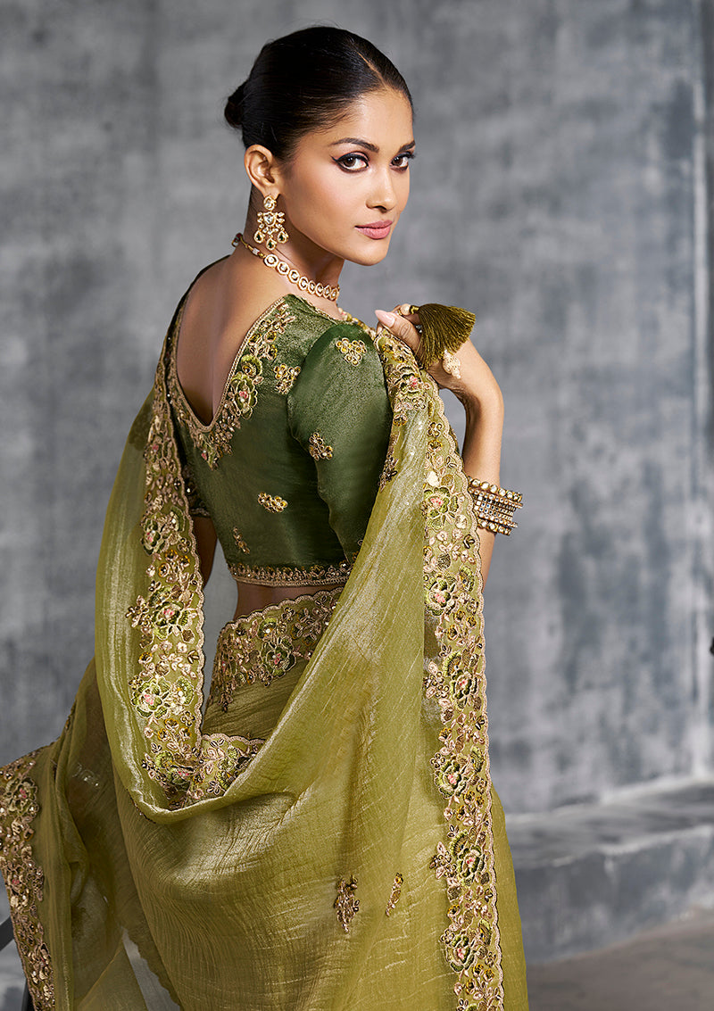 Olive Green Tissue Traditional Saree with Embroidered, Resham and Thread Work for Ceremonial