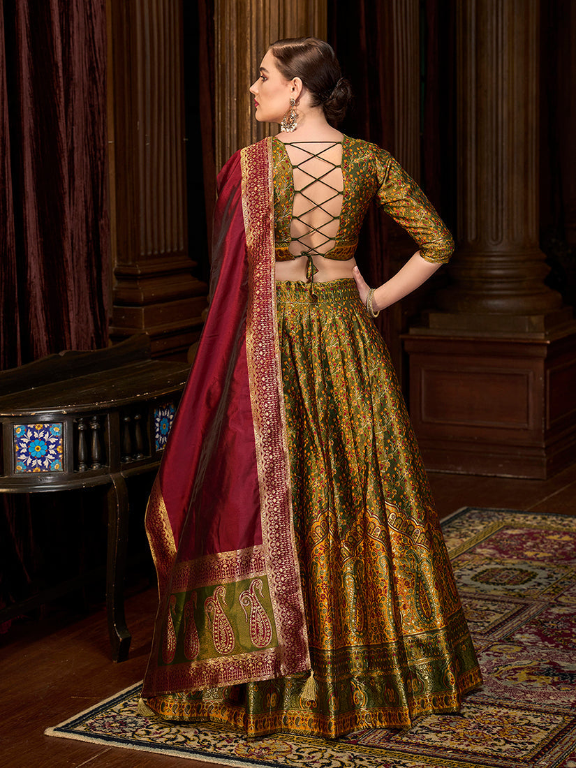 Olive Green Trendy Kanjivaram Jacquard Woven Work Lehenga choli
