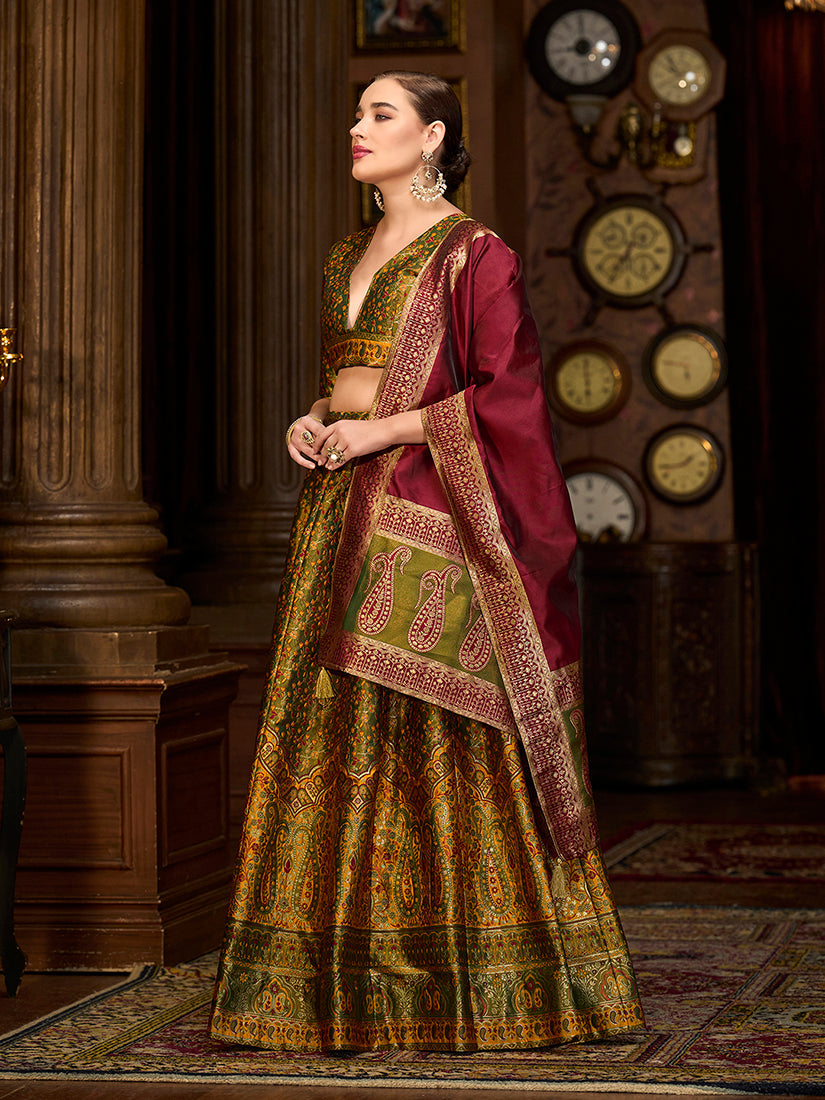 Olive Green Trendy Kanjivaram Jacquard Woven Work Lehenga choli
