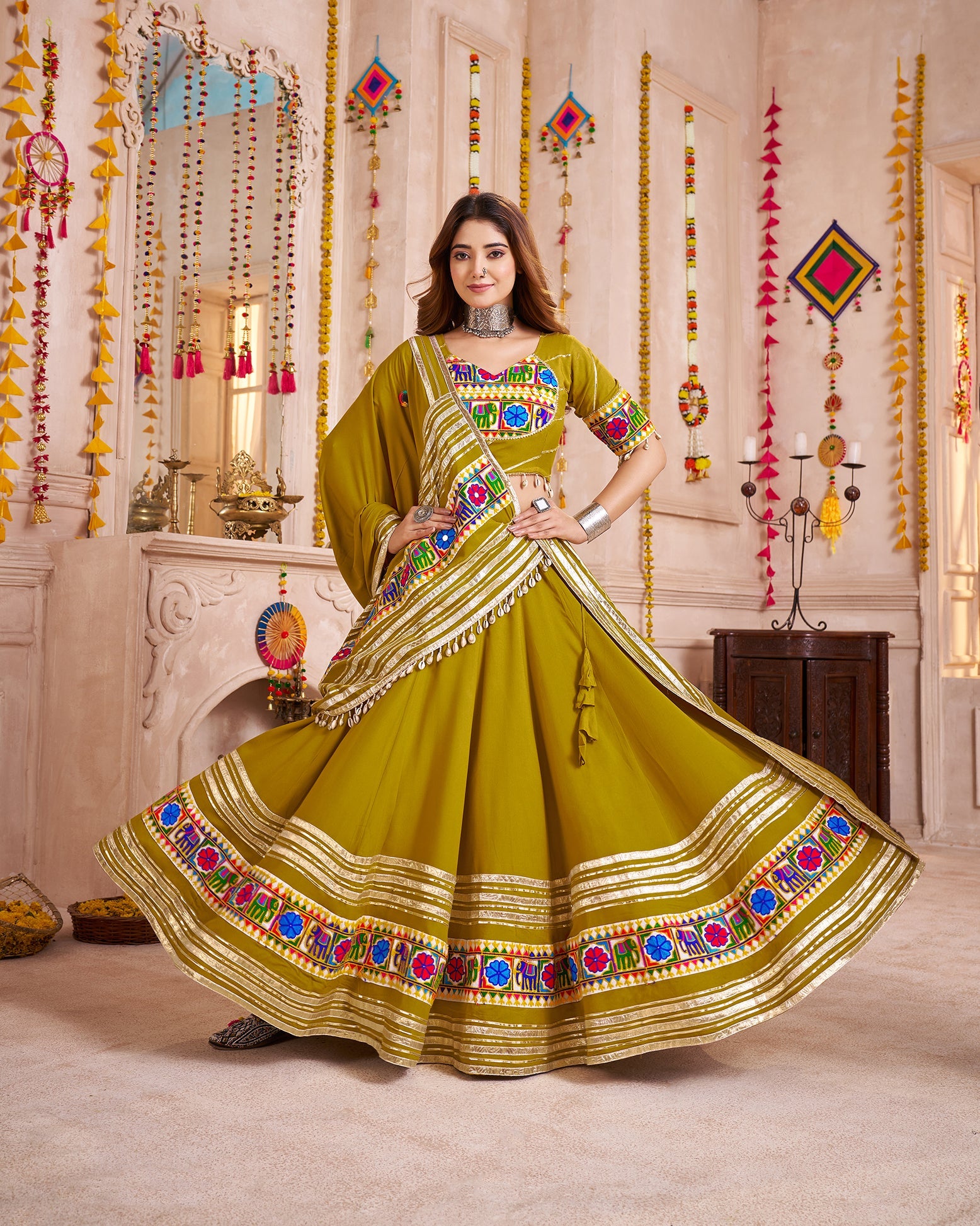 Olive Green Viscose Cotton Navratri Style Chaniya Choli Set