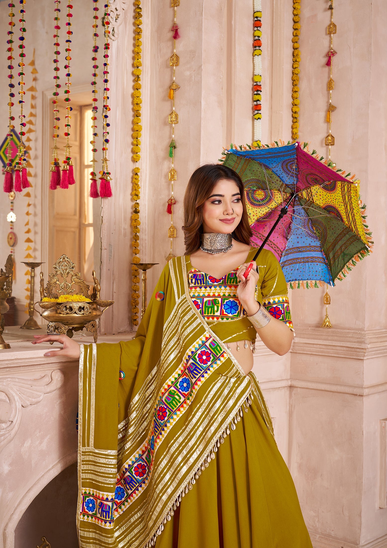 Olive Green Viscose Cotton Navratri Style Chaniya Choli Set