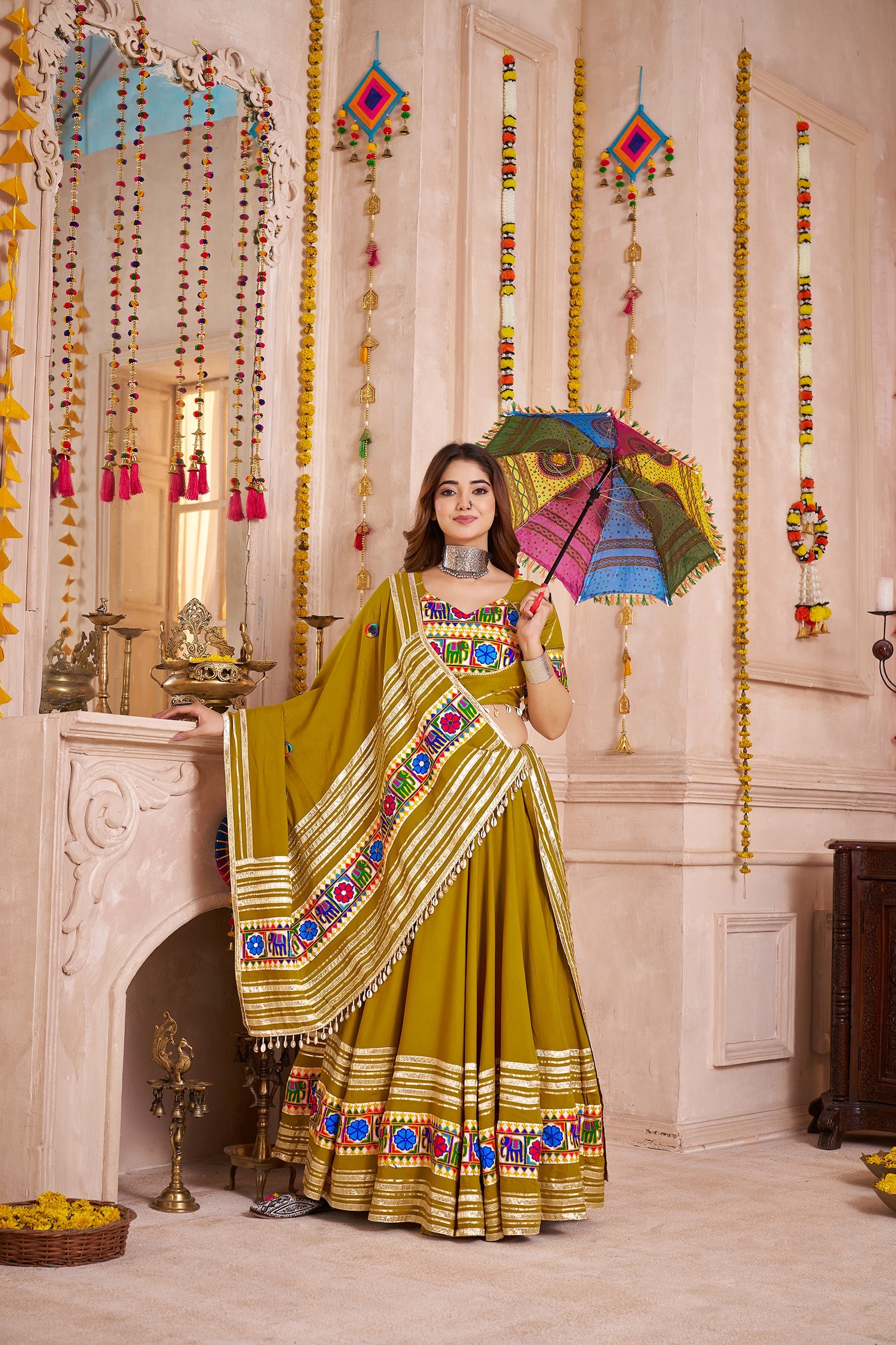 Olive Green Viscose Cotton Navratri Style Chaniya Choli Set