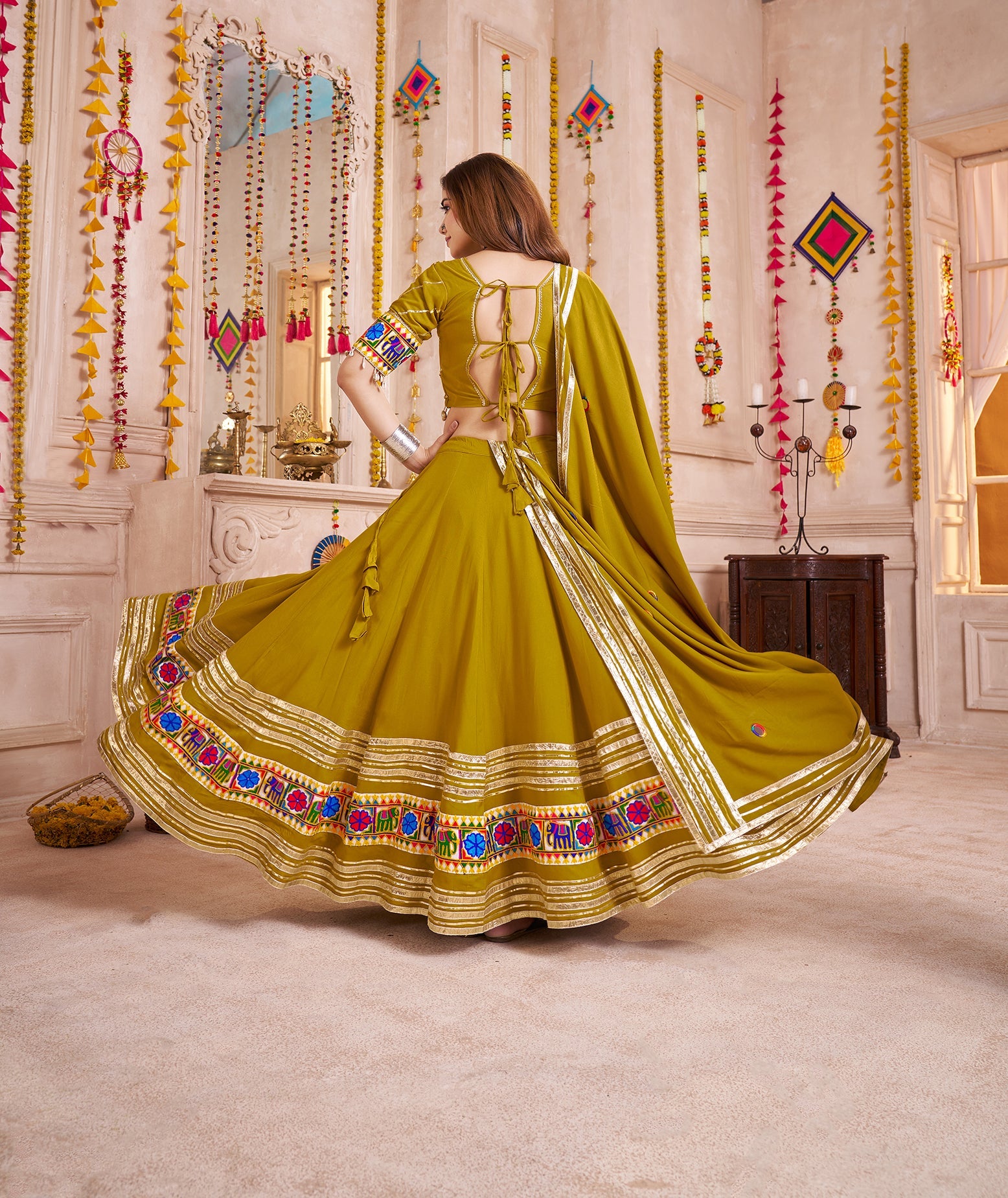 Olive Green Viscose Cotton Navratri Style Chaniya Choli Set