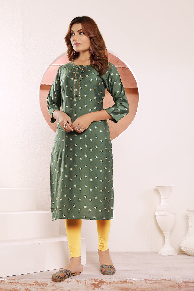 Olive Green Viscose Maslin Floral Print With Pocket Stylish Kurti