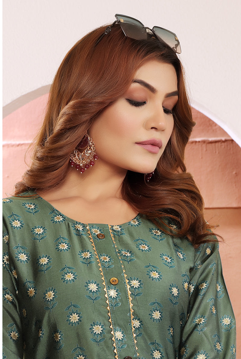 Olive Green Viscose Maslin Floral Print With Pocket Stylish Kurti