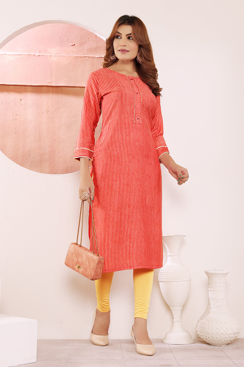 Red Viscose Maslin Striped Print With Pocket Stylish Kurti