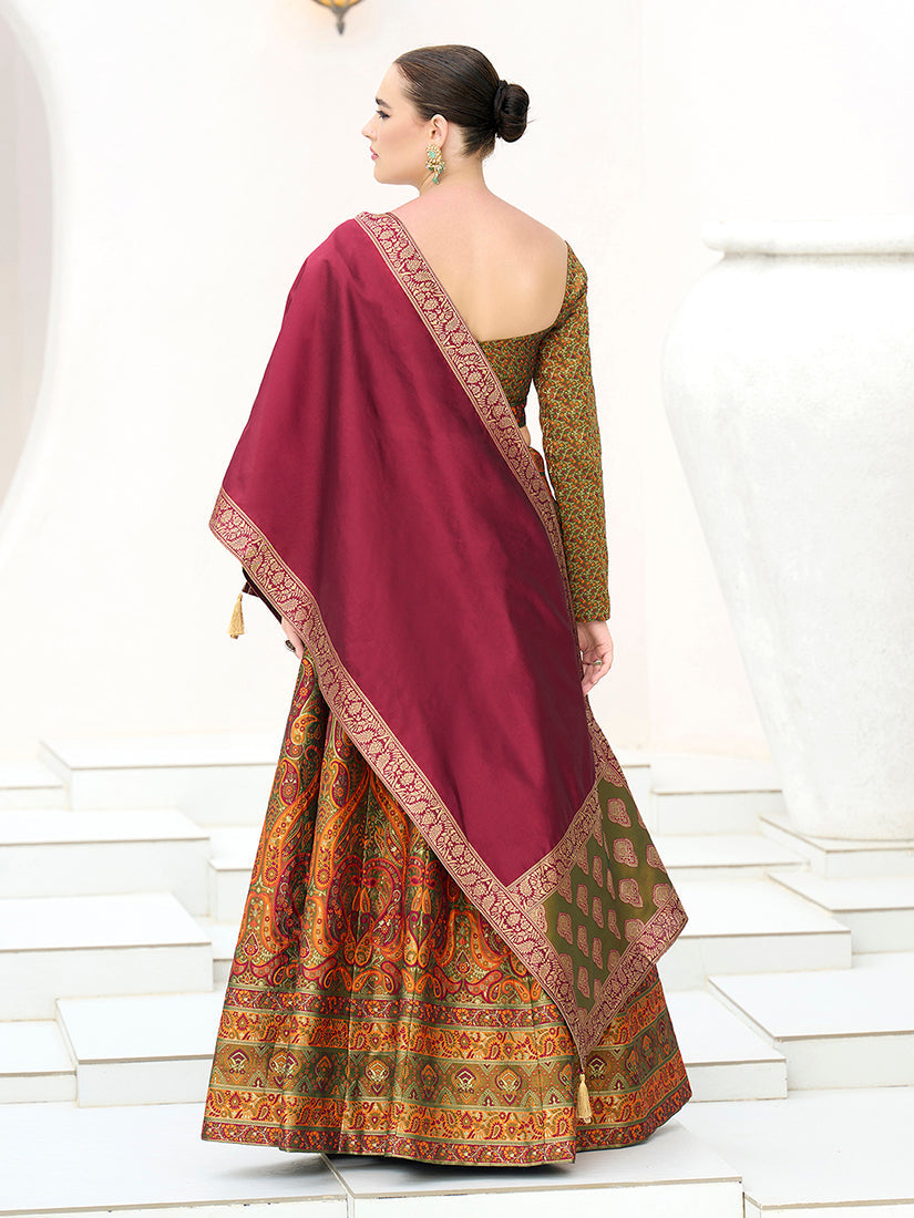Olive Kanijwaram Jacquard Designer Lehenga Choli For Ceremonial