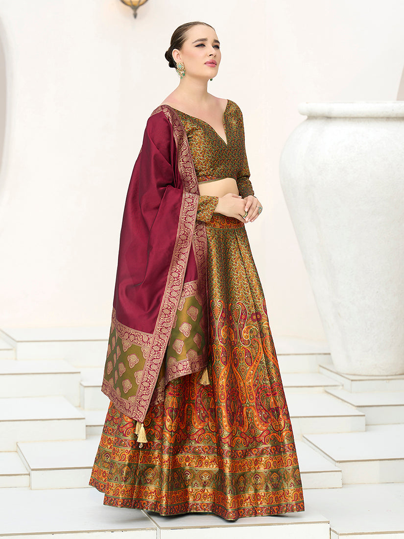 Olive Kanijwaram Jacquard Designer Lehenga Choli For Ceremonial