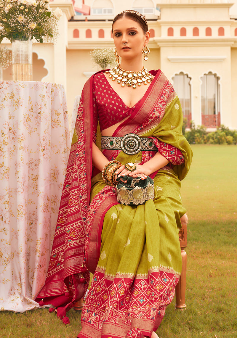 Olive & Maroon Silk patola Printed Saree