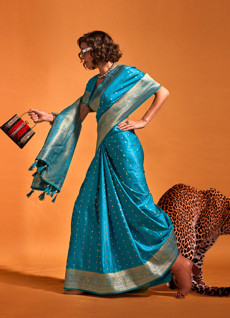 Cyan Blue Rich Banarasi Satin Silk Zari Woven Festival Saree