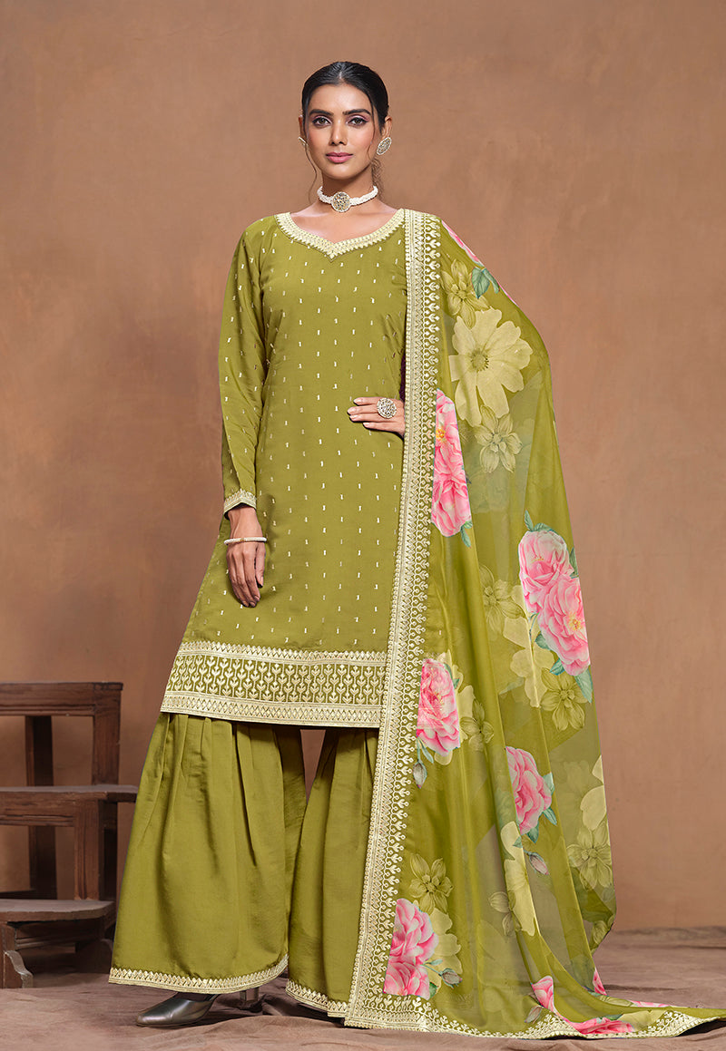 Olive Silk Embroidered Trendy Palazzo Salwar Kameez
