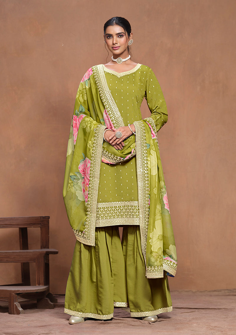 Olive Silk Embroidered Trendy Palazzo Salwar Kameez